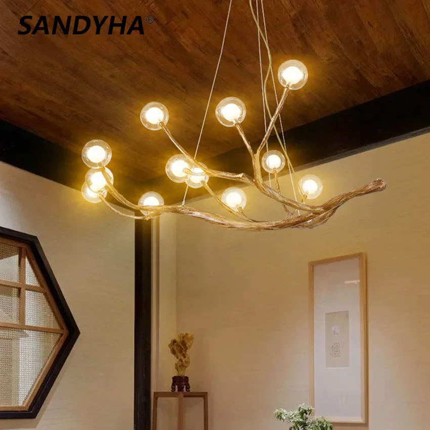 

SANDYHA LED Molecular Chandelier Tree Branch Ceiling Lamp with Glass Ball Bubbles for Living Dining Room Tea Table Hanging Light