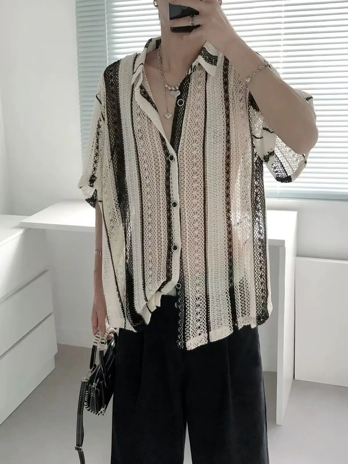 

2026 Summer New American Hollow Short Sleeved Shirt for Men Korean Fashion Retro Casual Loose Men's Shirt Japan Streetwear Y2k