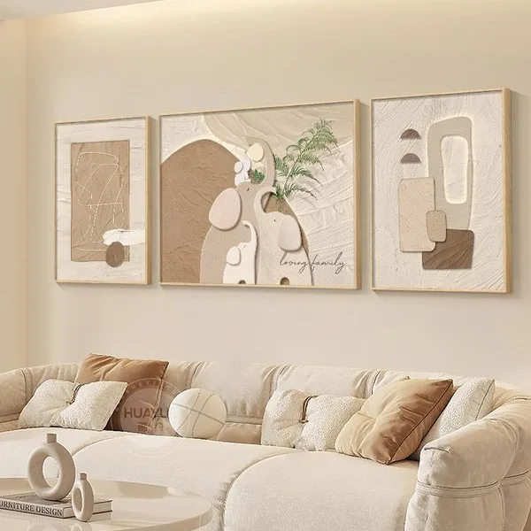 

Living room high-end elephant cream wind warm sofa background wall triptych canvas painting