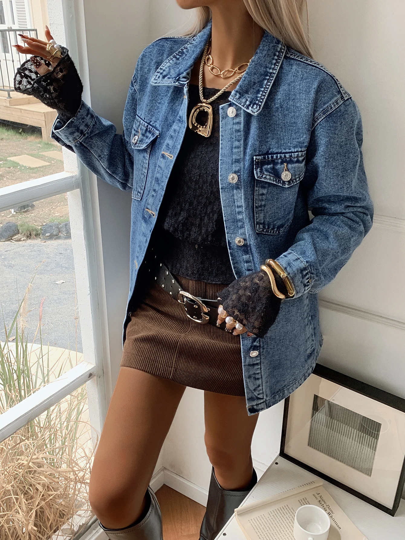 سترة نسائية فضفاضة من قماش الدنيم للربيع والخريف بأكمام طويلة تناسب الجميع