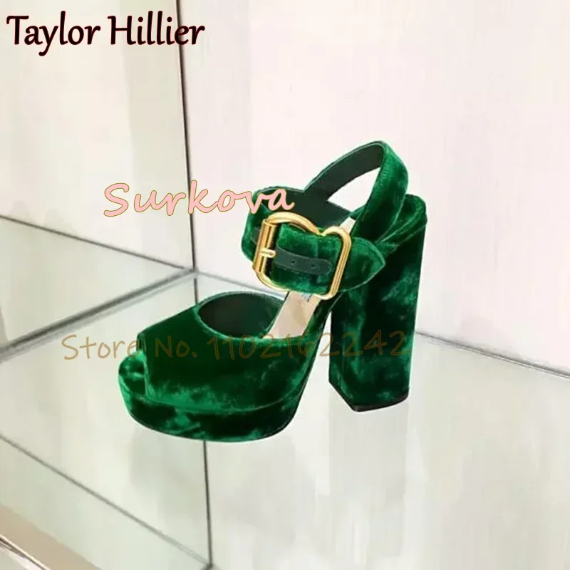 Velvet Open Toe High Heels Green Chunky Heel Platform Sandals Elegant Belt Buckle Sandals Fashion Dress Formal Shoes Women 46