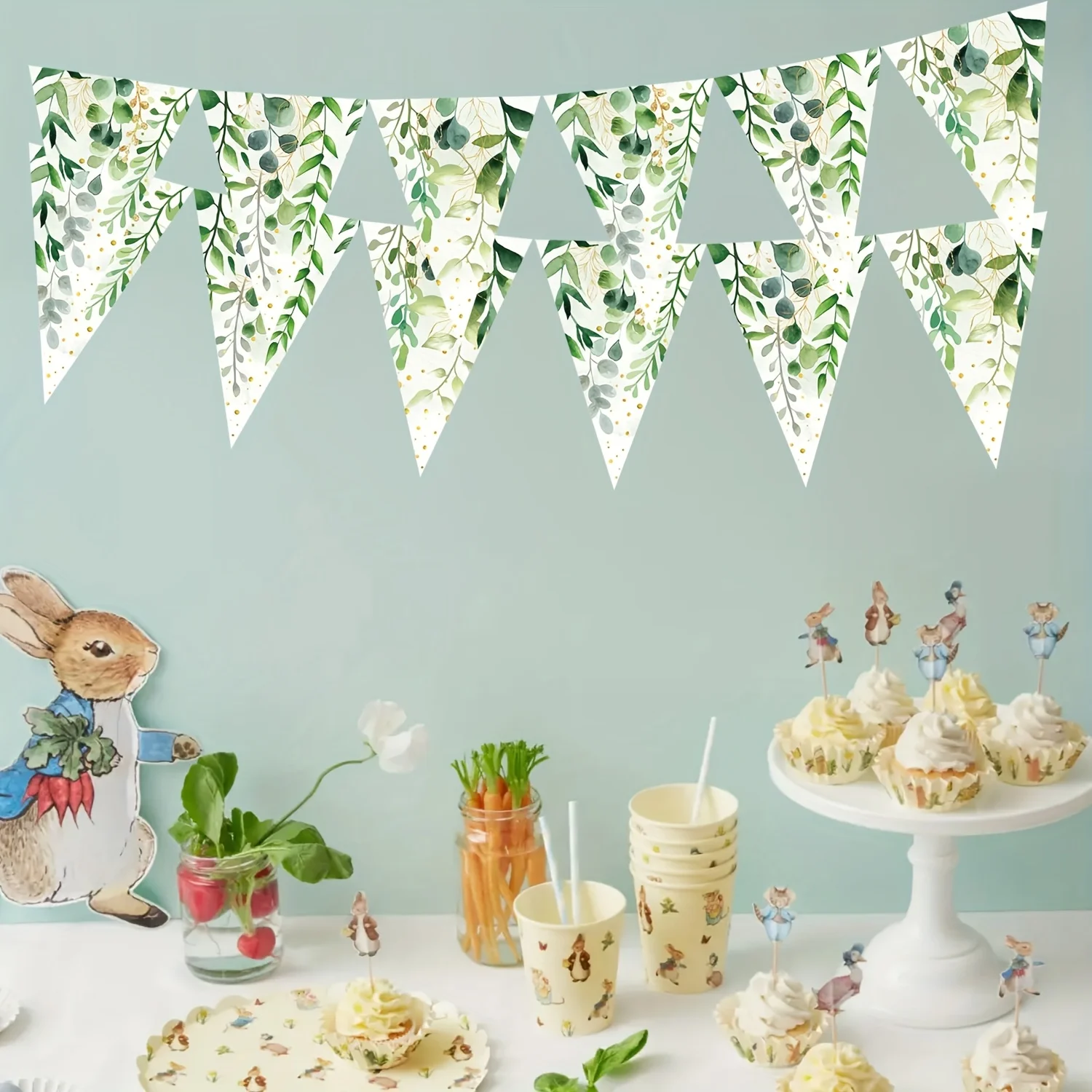 

Green Leaf Theme Triangle Banner String, Party Hanging Flags for Bridal Shower & Outdoor Decor