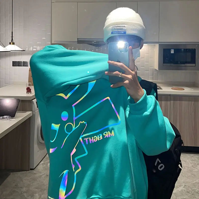 Светоотражающая толстовка с круглым вырезом, мужская мода, Instagram, студенческая пара, весенне-осенняя красивая одежда, пальто большого размера