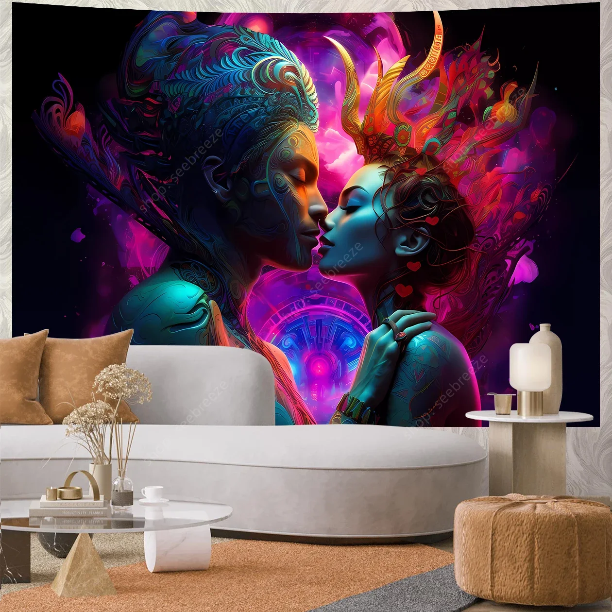 Tantric Couple Tapestry Wall Hanging Psychedelic Art Mystic Kawaii Room Decor Mandala Yoga Mat Valentine's Day Gift for Friend