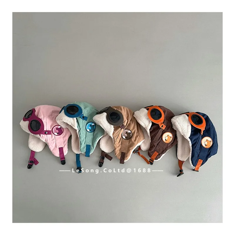 Gorro de invierno para niños con parche de oso, gorros de bombardero gruesos de lana para niños y niñas, gorro de esquí con protección para los oídos a prueba de viento H1544