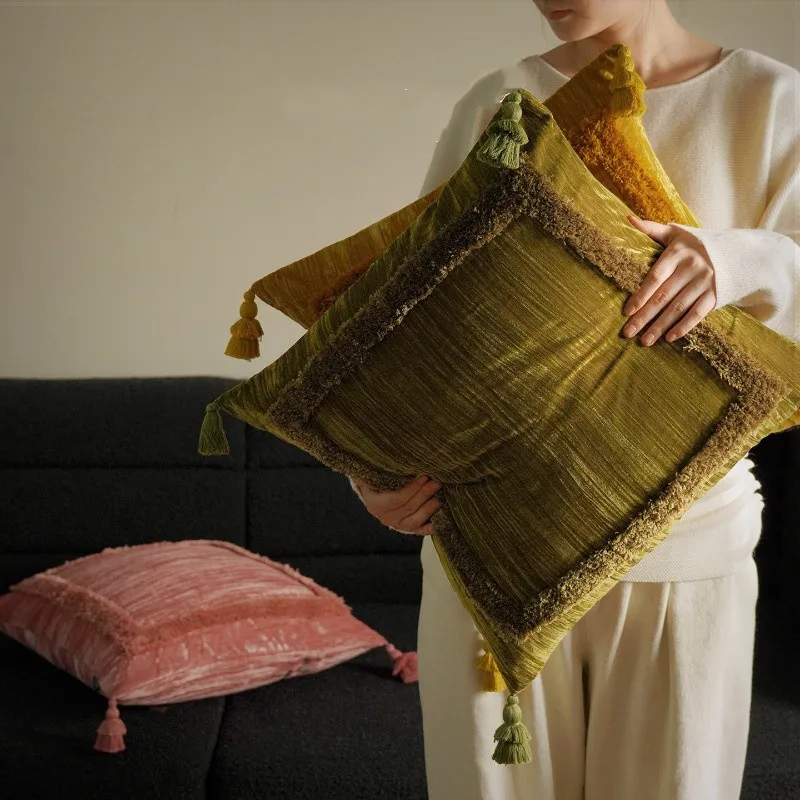 Bohemian Tassel Velvet Cushion Cover 55x55cm, Handmade Tufted Border Throw Pillow Case for Living Room Sofa Bed Decoration