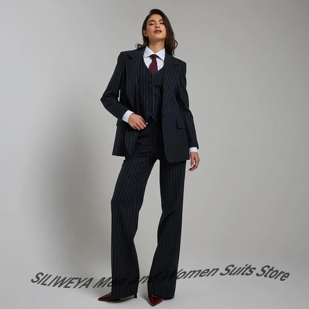 

Women's Black Pinstripe Blazers and Suit Sets Professional Jacket+Vest+Pants 3 Pieces Single Breasted Business Formal Wear