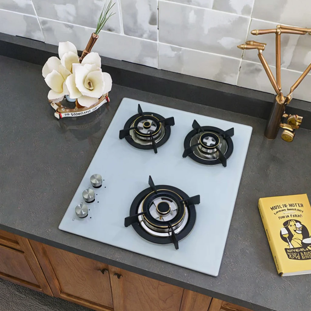 

Высокоэффективная газовая плита с тремя конфорками и стеклянной поверхностью, современный дизайн, для домашней кухни