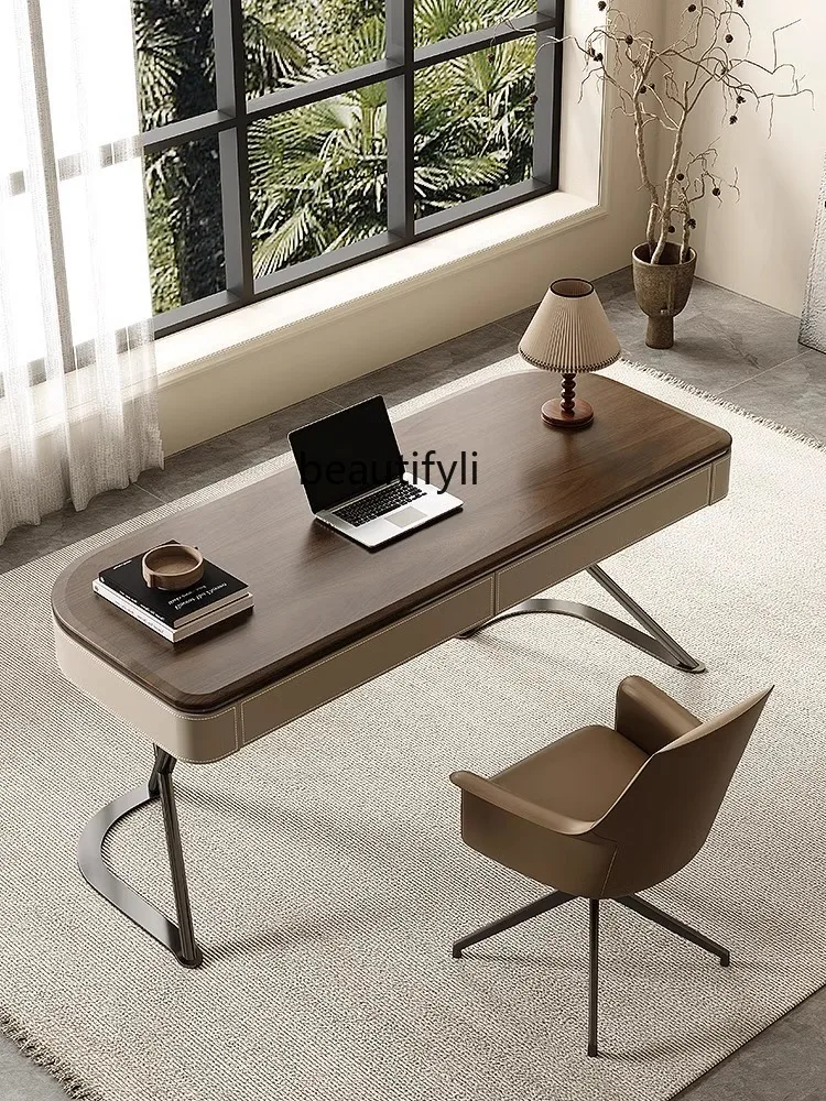 Saddle Leather Solid Wood Desk Modern Simple Home Study Desk Light Luxury Desk