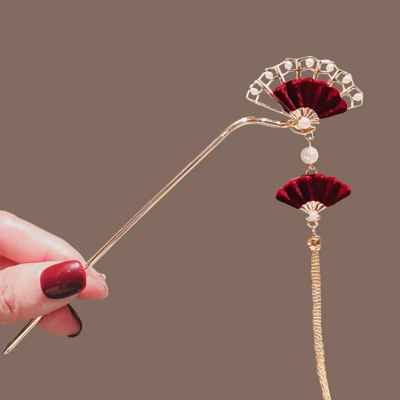 Chinese Style Red Fan Tassel Hair Stick Hanfu Clothes Chopsticks Hairpin Charm New Vintage Classy Hair Accessories for Women