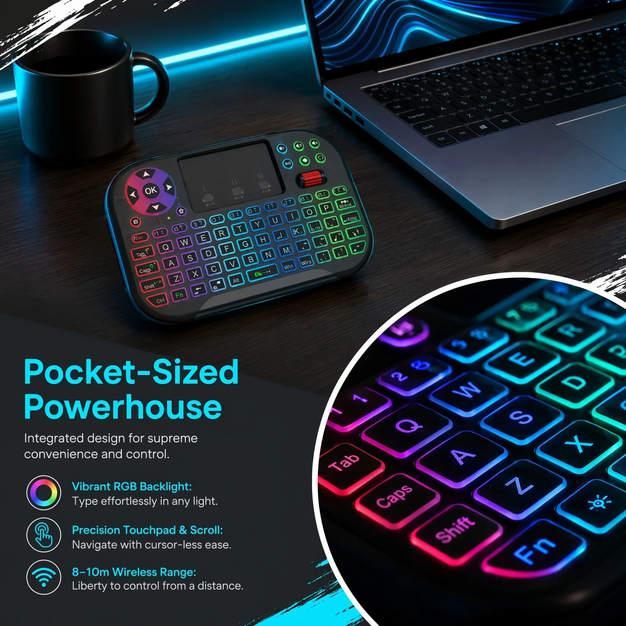 MRSVI 2.4G+BT Dual Mode Wireless Air Mouse with Touchpad, Backlit Rechargeable Portable Keyboard for PC Tablet TV Smartphone