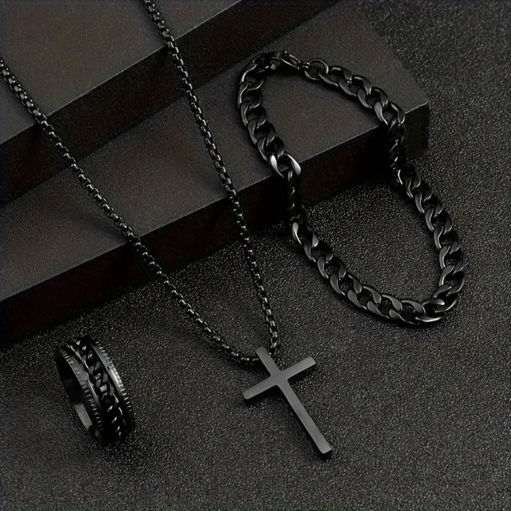 3 teile/satz männer Metall Kreuz Anhänger Kette Halskette Armband Ring Schmuck-Set Männlichen Hip Hop Täglichen Verschleiß Zubehör