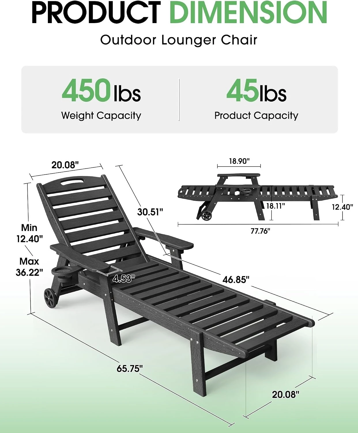 Outdoor Chaise Lounge Chair With Wheels Wood Texture All Weather HDPE Patio Sun Recliner With Cup Holder 5 Position Adjustable Backrest For Poolside Deck Backyard Lawn Black