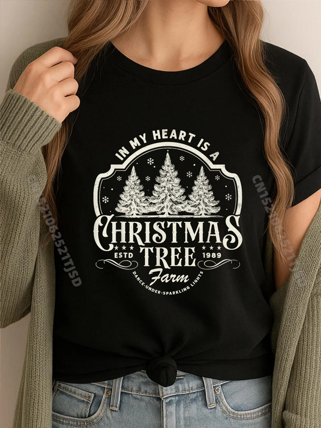 

В моем сердце — рождественская елка, ферма, одежда, черные футболки с рисунком, потертая футболка для женщин, свободная