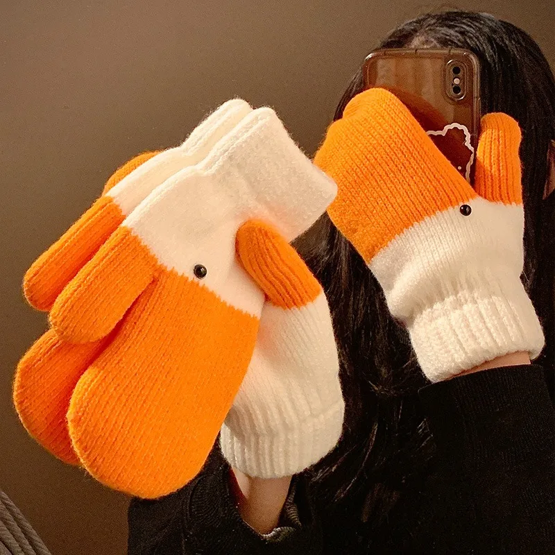 2026 New Velvet Thickening To Prevent Cold Creative Funny Goose Yarn Gloves Fingers for Women To Keep Warm Autumn Winter