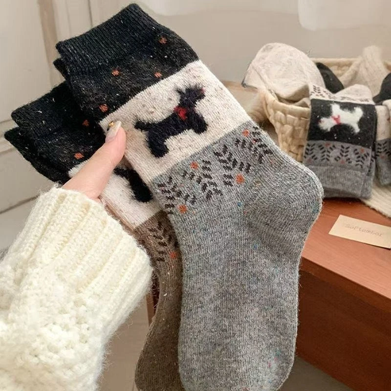 

Cute Cartoon Dog Pattern Plush Warm Socks for Women Soft Cozy Mid Tube Socks Autumn Winter Breathable Fuzzy Home Sleep Socks
