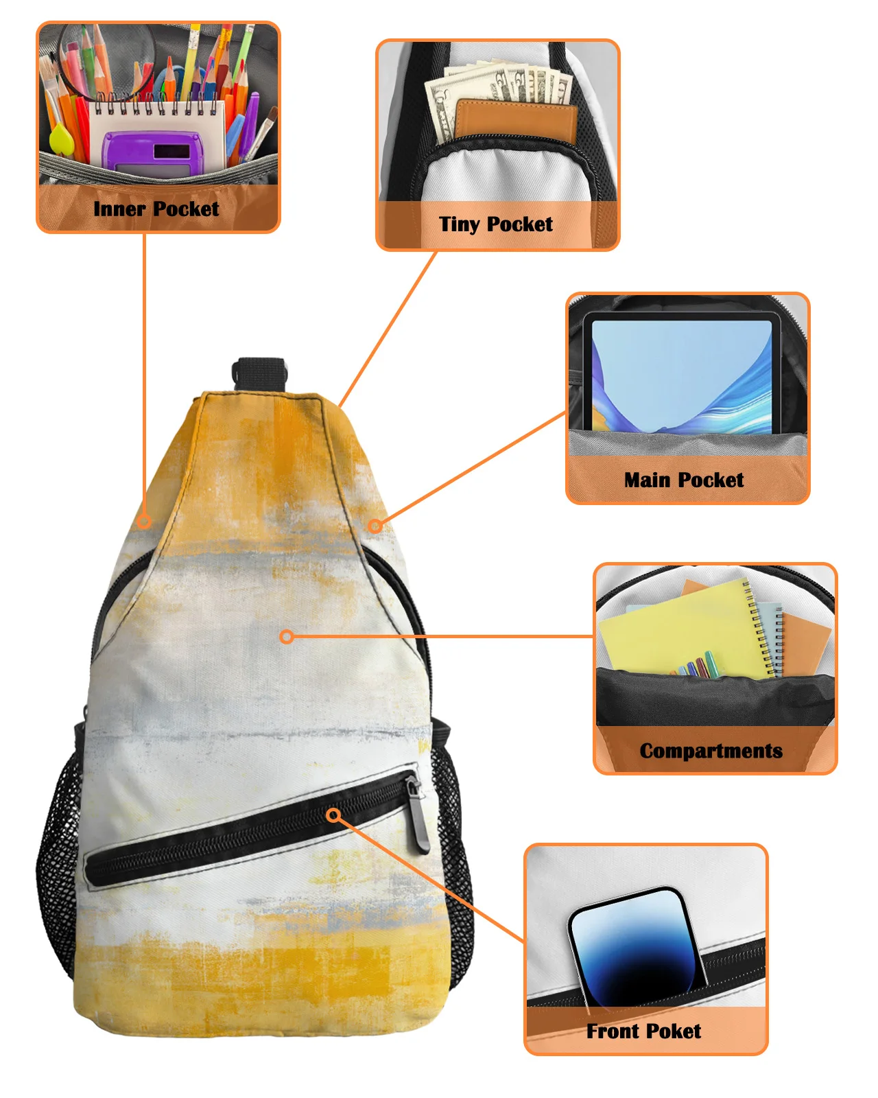 Bolsos de pecho de jengibre de arte abstracto para mujeres y hombres, bolsas de mensajero impermeables, bolso cruzado de un hombro ajustable, bolso de viaje deportivo femenino