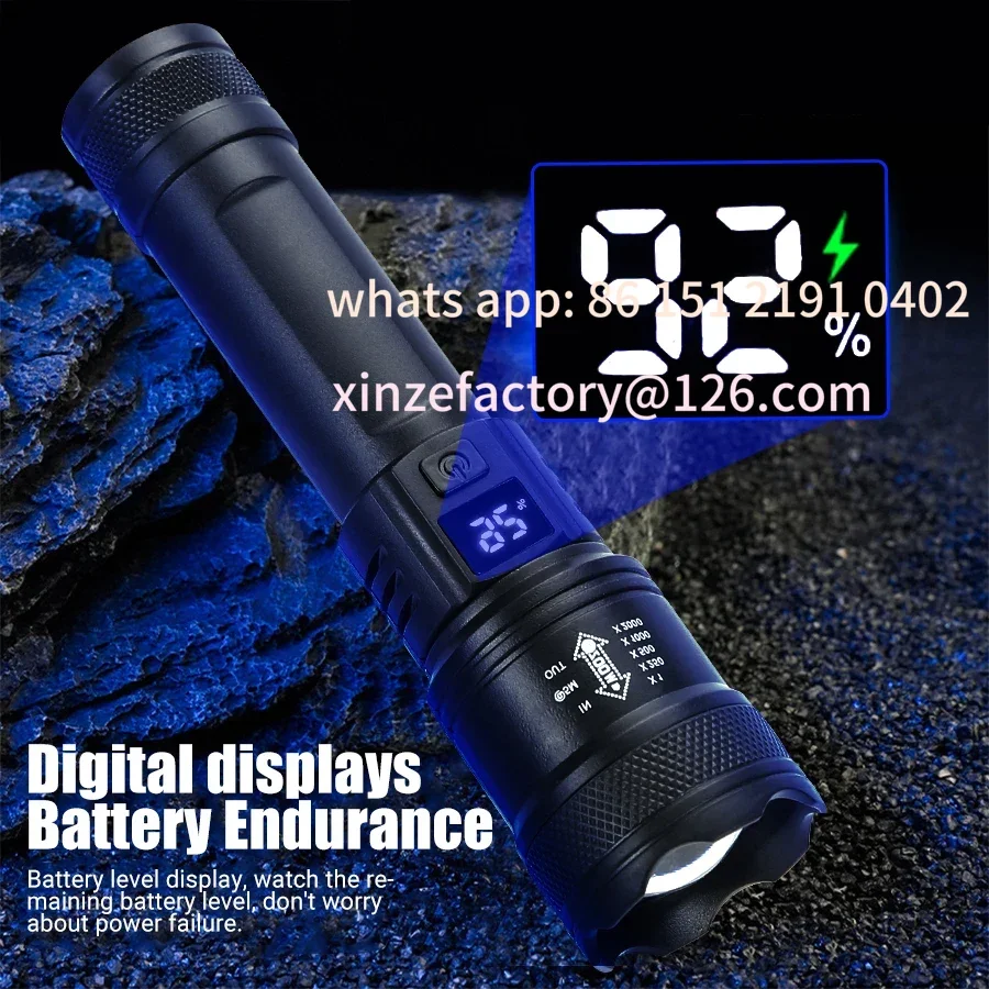 Customizable High Strong Power Led Flashlights 2000LM Tactical Torch with Display Light USB Charging Camping Fishing Emergency Z