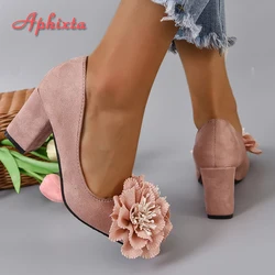 Aphixta grandi fiori con stami 7cm tacchi quadrati décolleté donna studenti e adulti scarpe a punta floccate in pelle scamosciata Plus Size 30-50