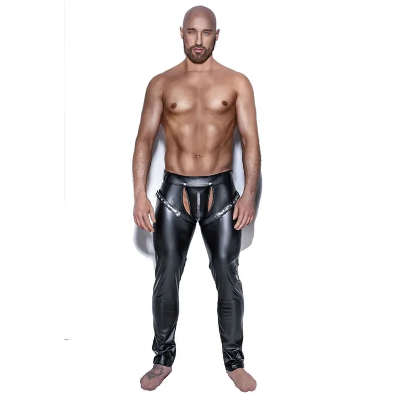 

Shiny Black Open Crotch Skinny Trousers Sexy Men Faux Leather Pants Nightclub Stage Performance Singers Dancer Leather Pants