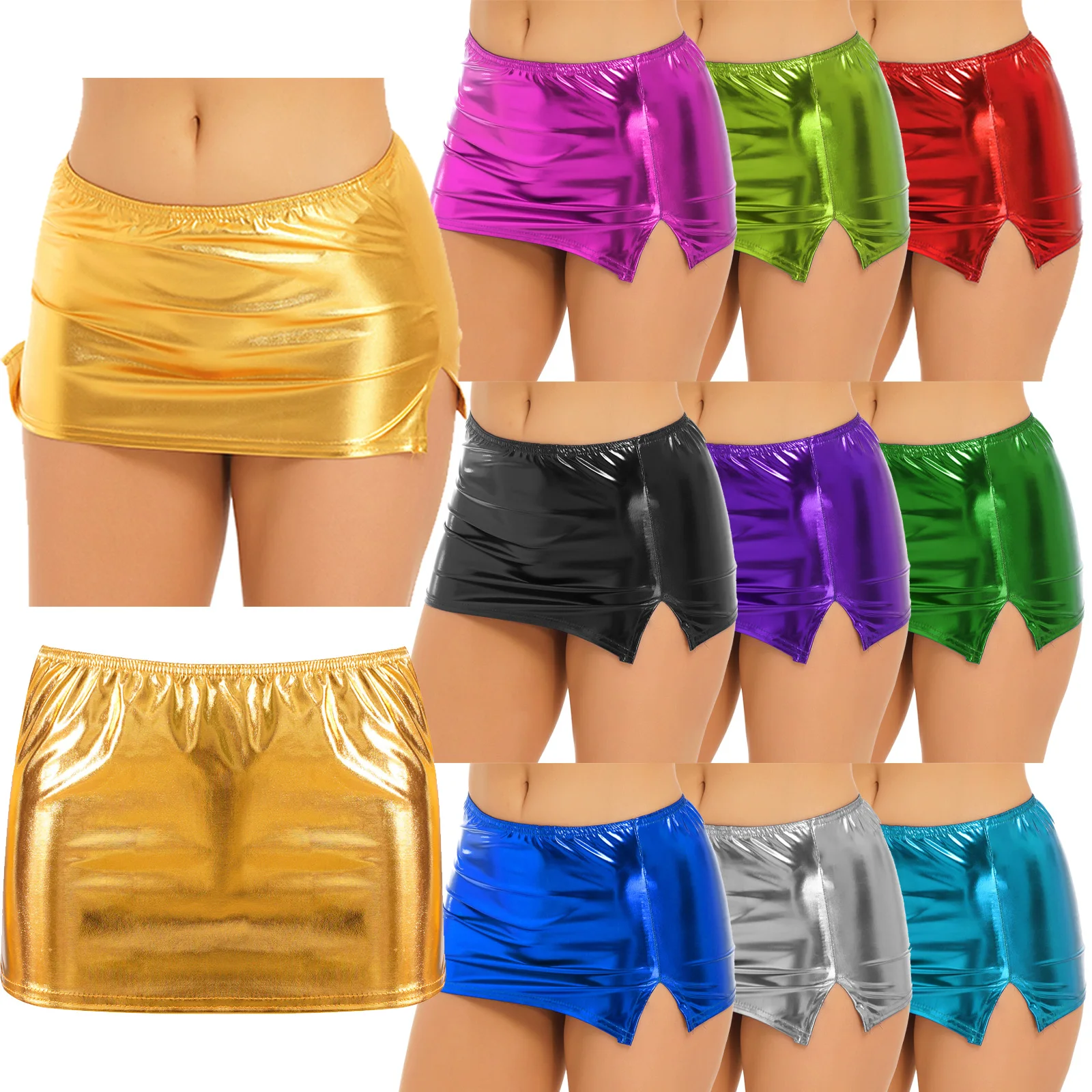 Women Fashion Shiny Metallic Faux Leather Split Skirt Night Club Pole Dancing Low Waist Elastic Waistband Miniskirt