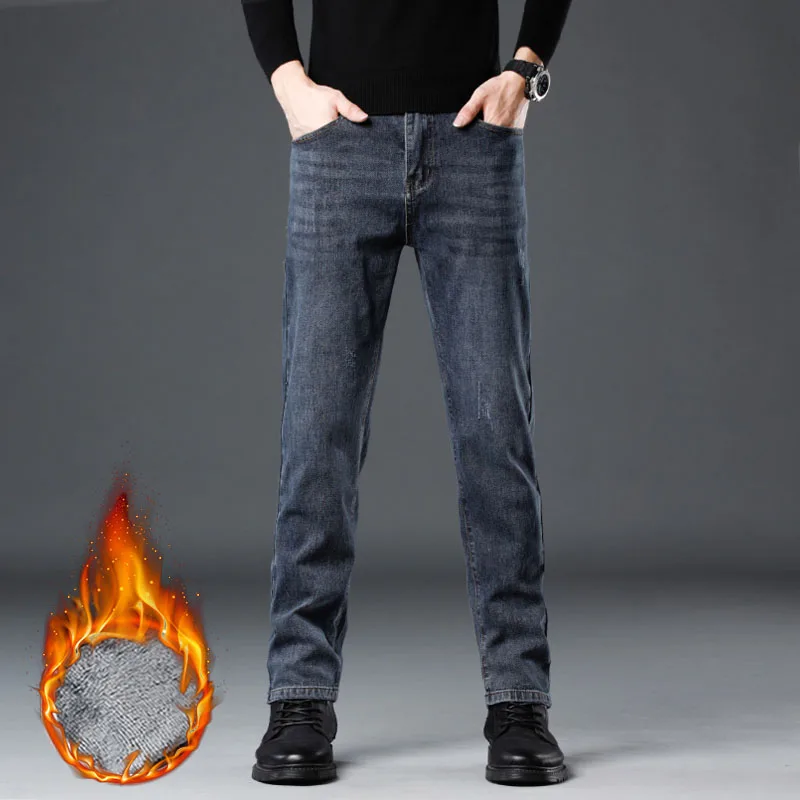 Herren Winter Business Slim Fit Fleece Jeans Dicke warme weiche Hose Casual Business Vielseitige verschleißfeste Plüsch-Samthose