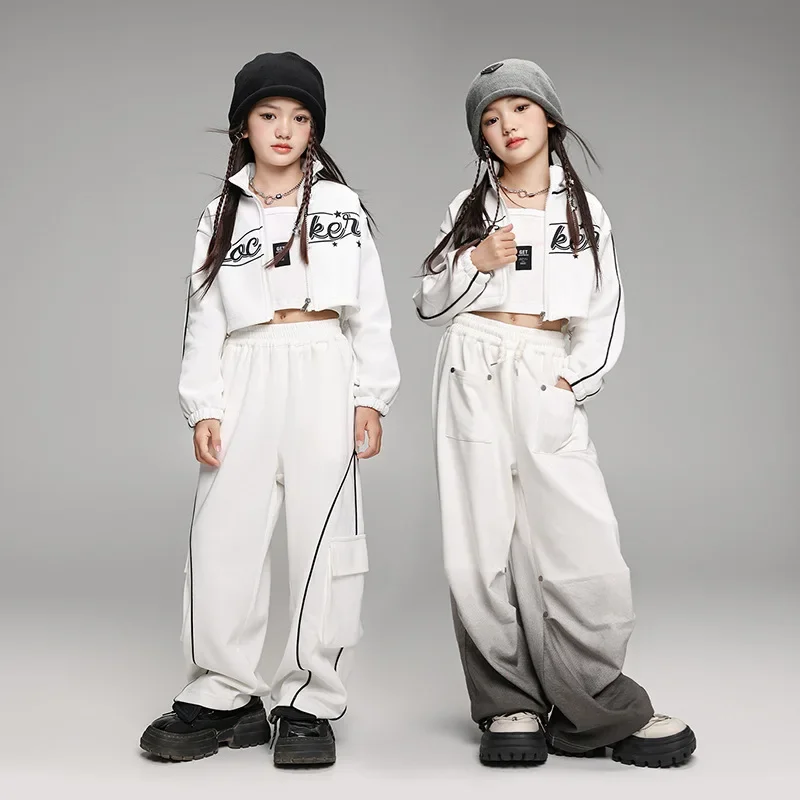 Girls Jazz Dance Clothes White Coat Baggy Pants for Kids Hip Hop Costume Teenagers Breaking Street Dance Suit