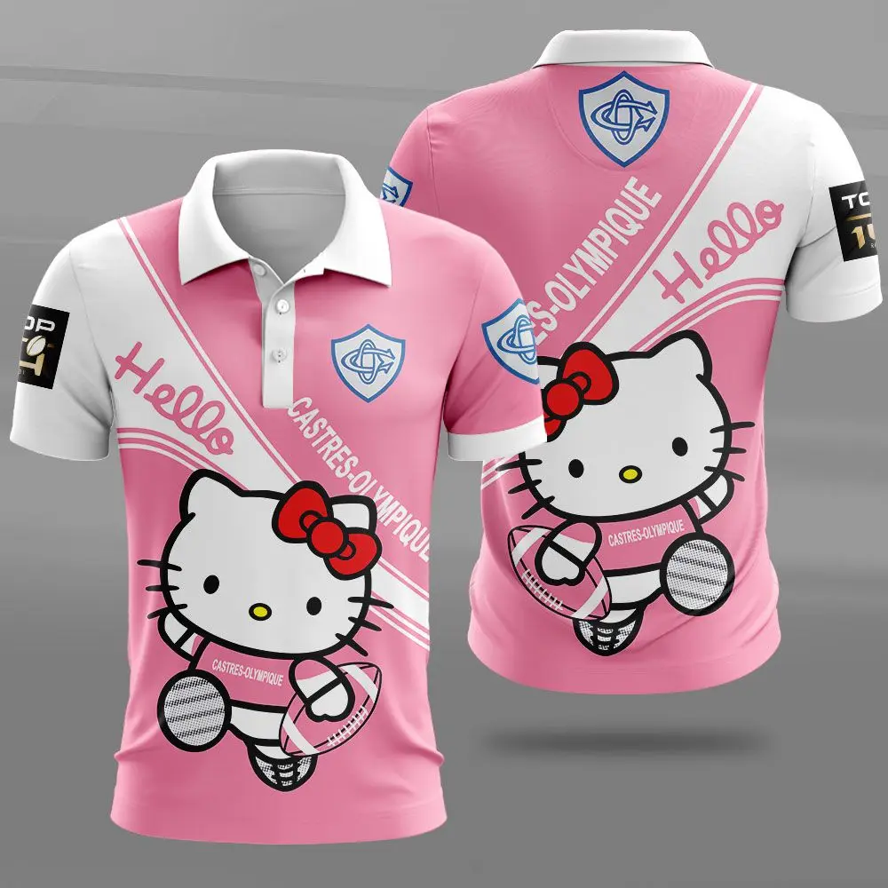 Hello Kitty Pattern 3D Printed Polo Shirts with Buttons Casual Comfortable Breathable Short Sleeves Outdoor Sport Clothing