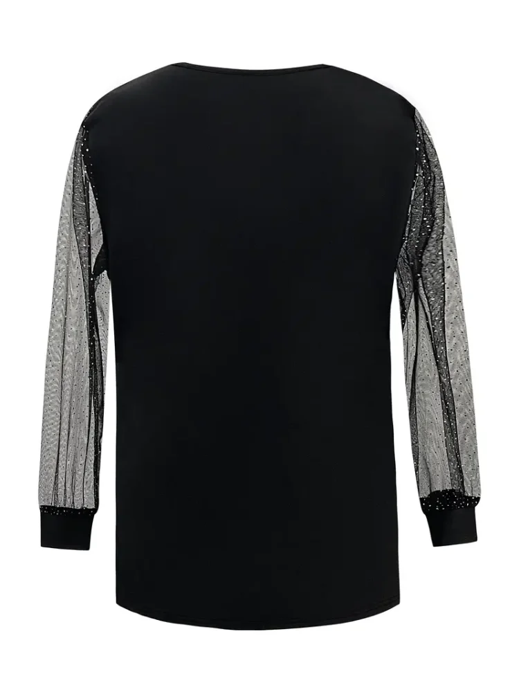 Plus Size Mesh Stitching T-Shirt Casual V Neck Long Sleeve T-Shirt Women\'s Plus Size Clothing