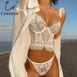 CINOON – ensemble de sous-vêtements pour femmes, Lingerie française Sexy, soutien-gorge Push Up en dentelle transparente, culotte de mariage, sous-vêtements fins blancs