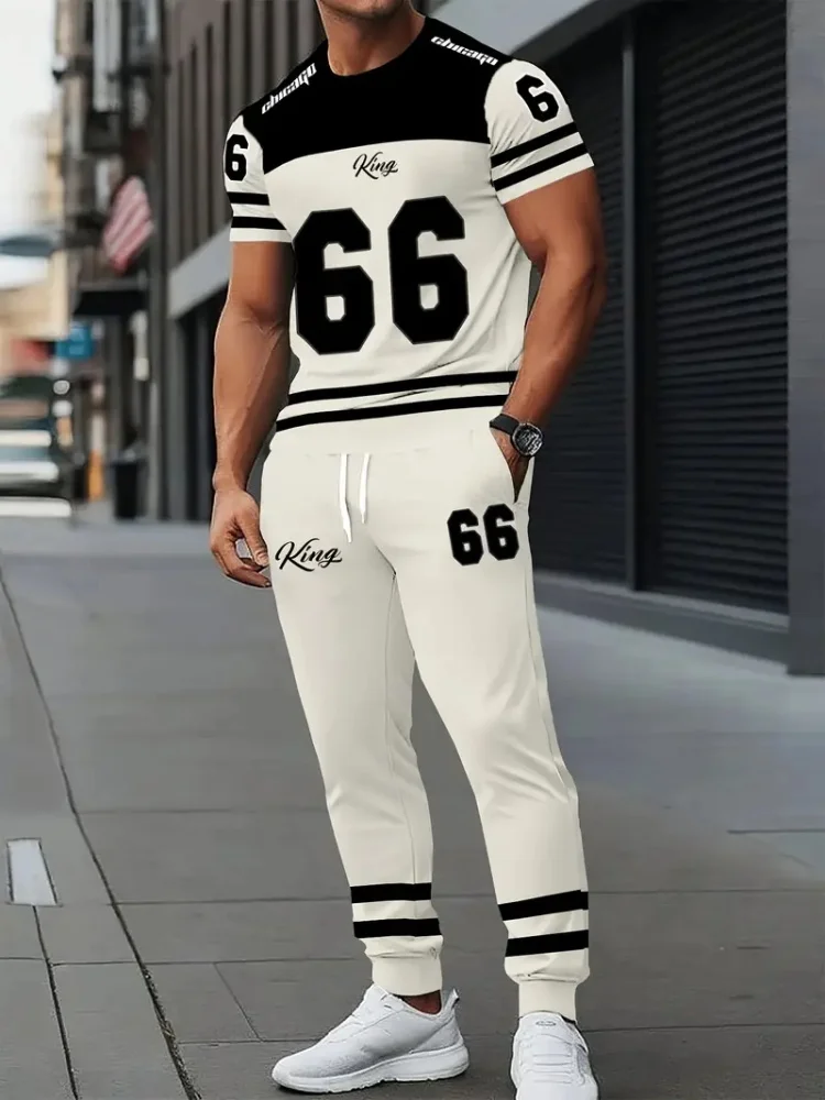 

Classic Color 66 Sporty Fashion 2pcs Set Black And White Block Men's Casual Short-sleeved Shirt And Fashionable Autumn Long Pant