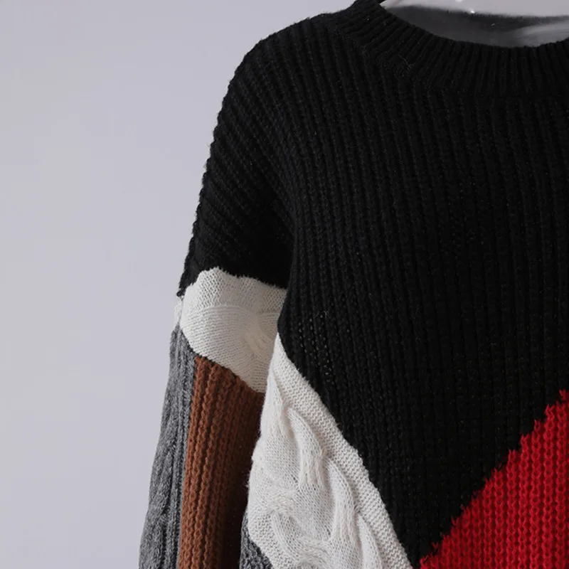 HKSH Autumn Winter New Women Long Sweater O-neck Pullover Contrast Color Patchwork Knitted Dress Elegant Chic Casual Ins HK11216