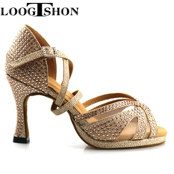 Kadınlar için LOOGTSHON topuk ayakkabı Salsa dans ayakkabıları kadın sandalet platformu gümüş dans ayakkabıları ile Rhinestone kapalı performans