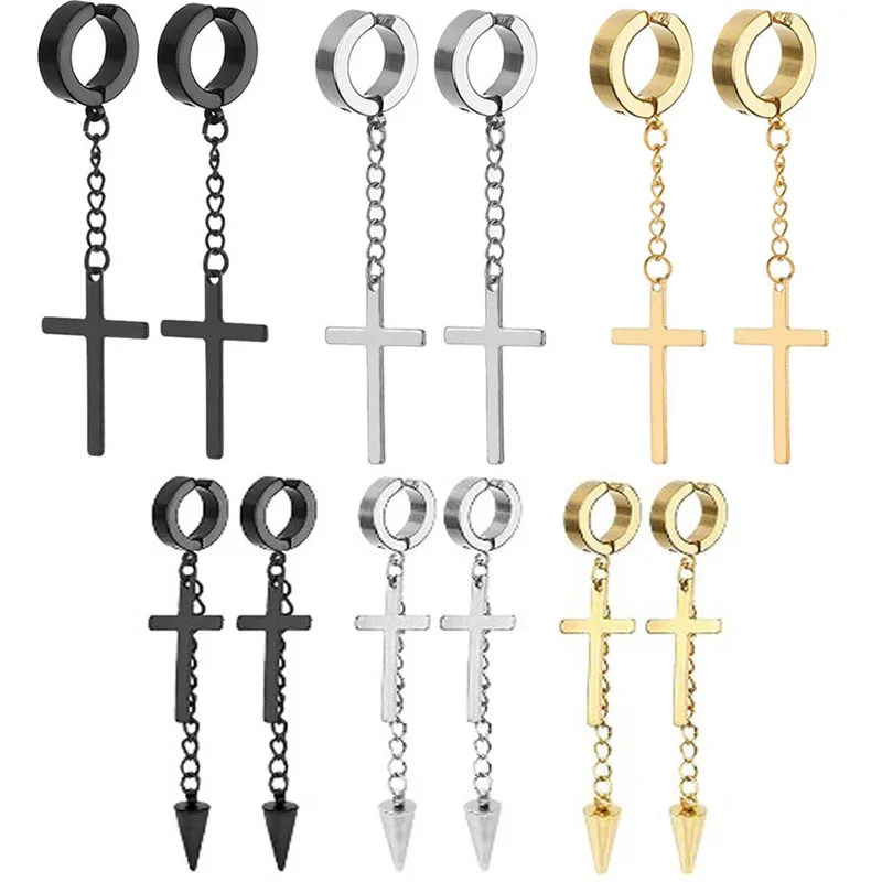 

Fashion Punk Cross Tassel Pendant Earrings Stainless Steel Classic Geometric Charms Clip Ear Jewelry Party Gifts For Women Men