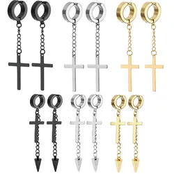 Fashion Punk Cross Tassel Pendant Earrings Stainless Steel Classic Geometric Charms Clip Ear Jewelry Party Gifts For Women Men