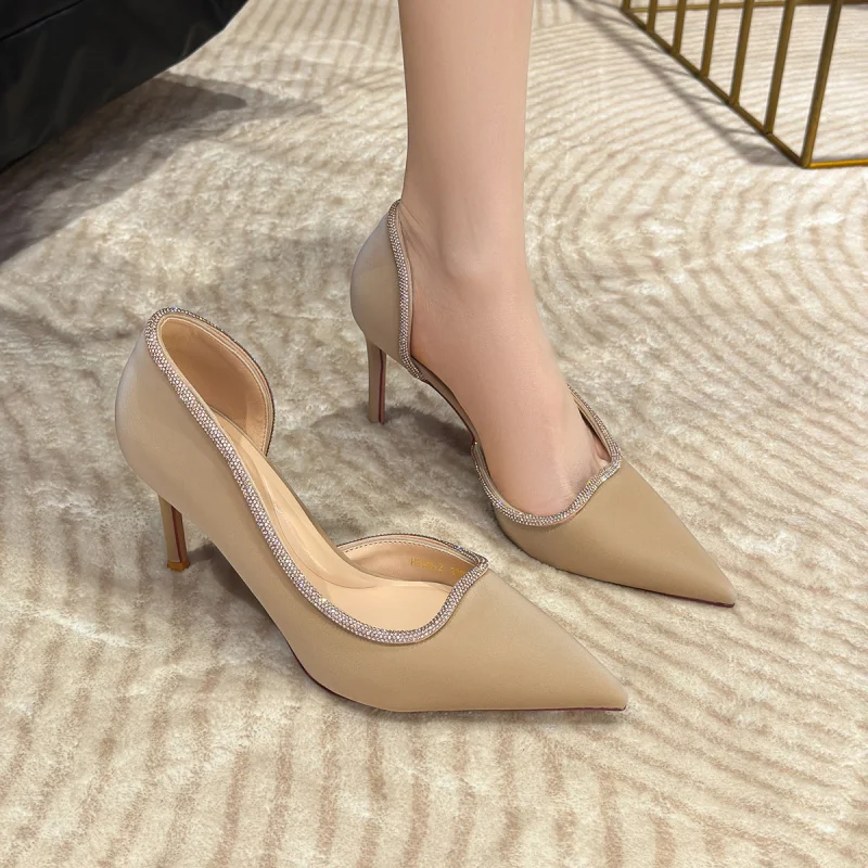 

Elegant women's high-heeled shoes for spring and summer, featuring intricate rhinestone detailing, black satin, breathable side