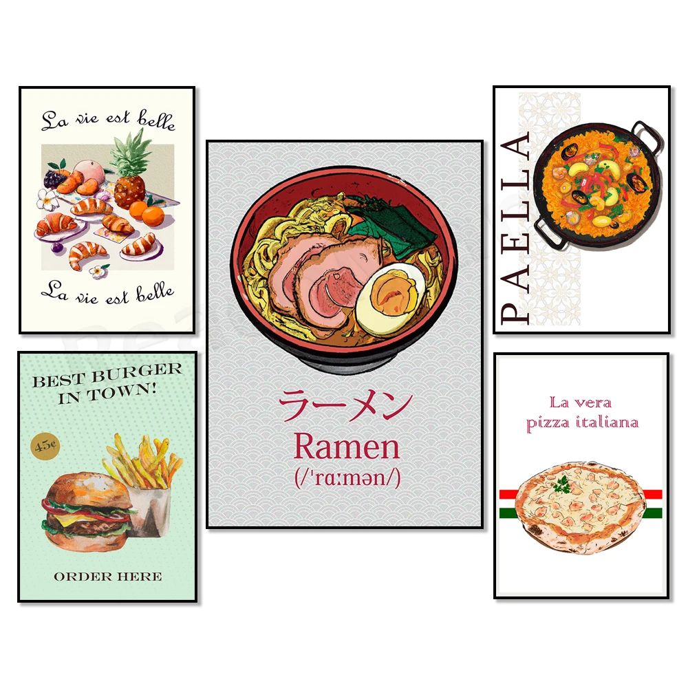 Póster de comida, pizza italiana, ramen japonés, paella, vino, hamburguesas y papas fritas, estilo americano, ambiente francés, decoración de cocina con croissants