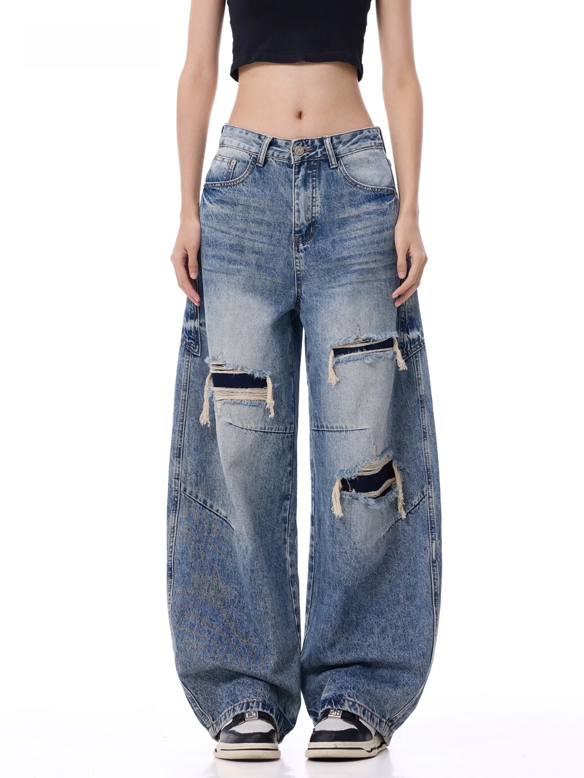 High Waist Draped Wide Leg Denim Jeans Women's Torn Design Casual Style Autumn Season Cotton Polyester Blend Comfortable Fit