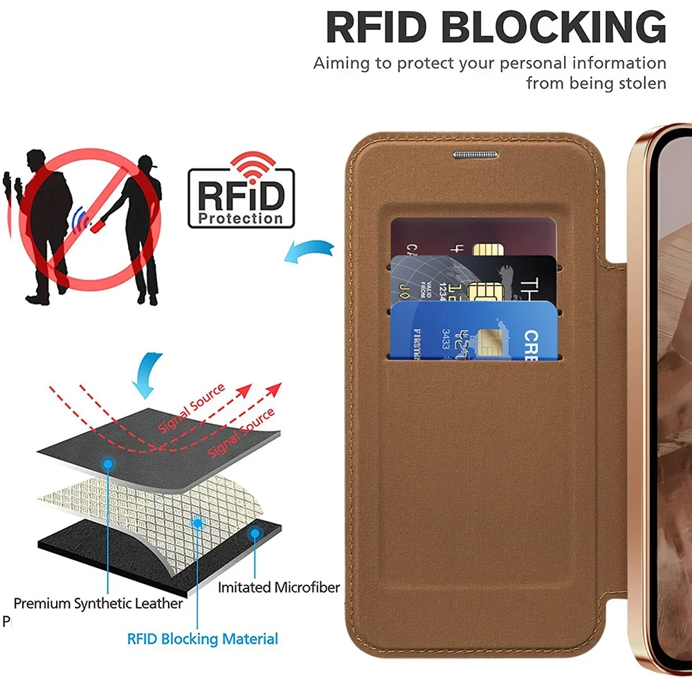 Luxury Leather Wallet Card Clip Magnetic Clear Phone Case for Google Pixel 9 Pro XL 8A 7A Plating Wireless Charging Flip Cover