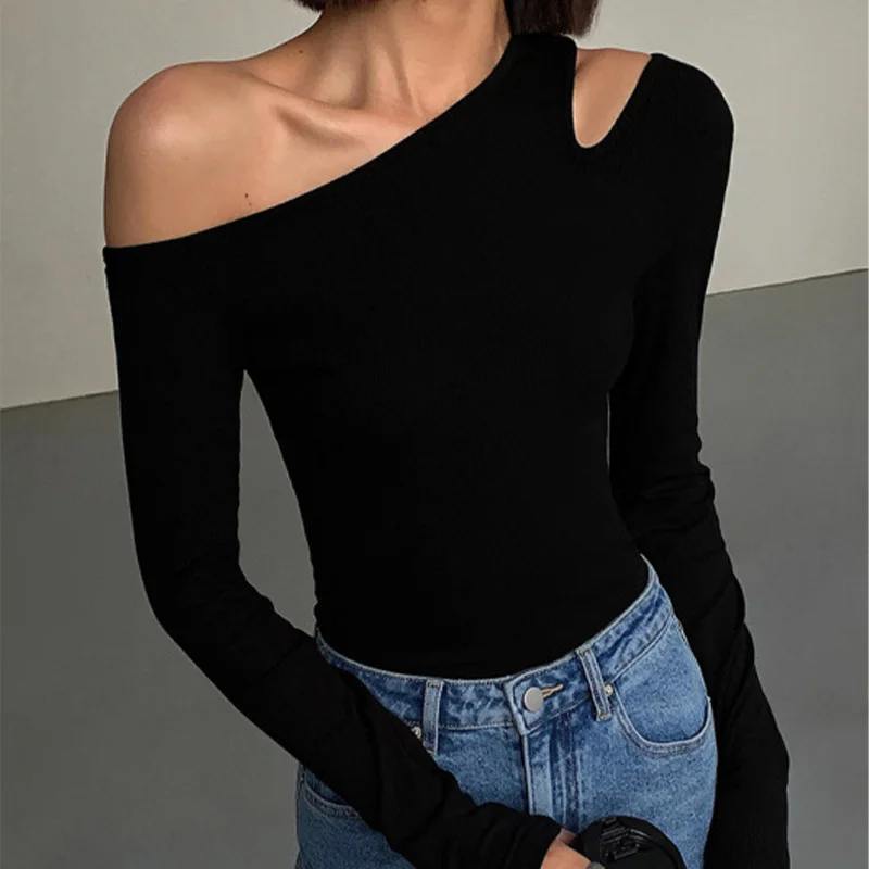 Fashion Skew Collar Off-shoulder Long-sleeved T-shirts Women Spring 2024 New Solid Slim Fit Crop Top Sexy Hollow Out Tees Shirts image 5