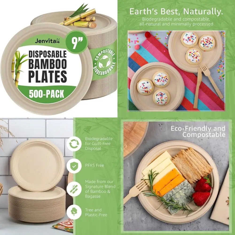 

9-дюймовые бамбуковые компостируемые тарелки (упаковка 500 шт.) - прочные, подходят для микроволновой печи, устойчивые к нагрузкам, сертифицированные PAS и SC, экологически чистая альтернатива