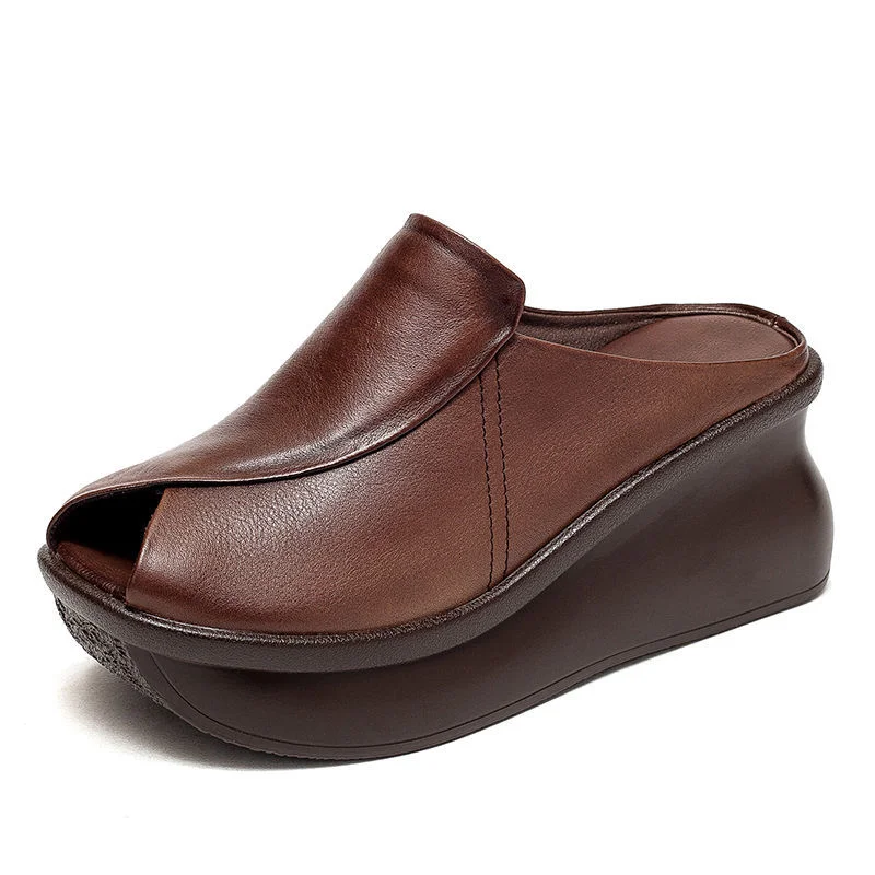 

Тапочки на танкетке 7 см, женские летние шлепанцы без шнуровки из коровьей кожи, повседневные шлепанцы на платформе, увеличивающие рост