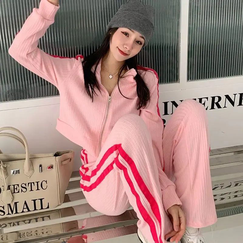 Spring Knitted Tracksuits Two Piece Sets Womens Long Sleeve Coat Jacket + Wide Leg Pants Suit Vintage Office Lady Outwear Outfit