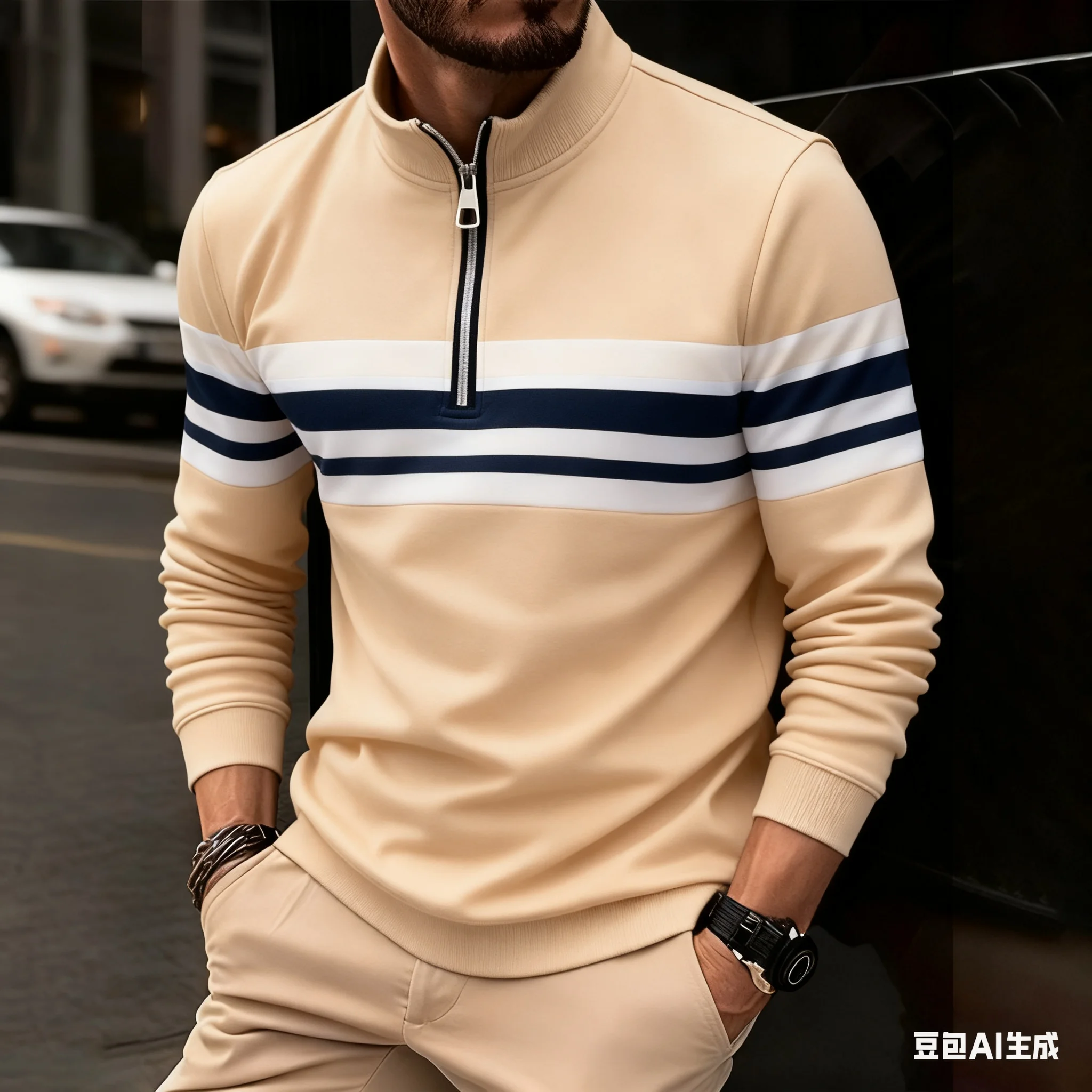 Lustige Streifen Druck männer Sweatshirts Mode Stehkragen Half Zip Langarm Tops Herbst Casual Lose Pullover Straße Kleidung