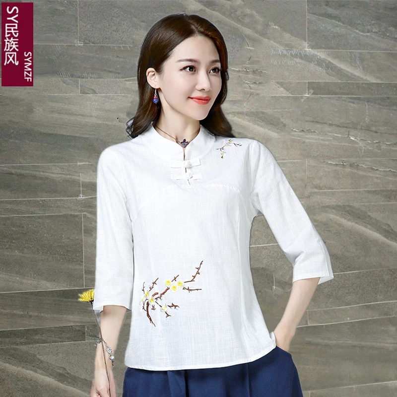 

Ethnic Style Cotton Linen Top Women's Loose Autumn T-shirt Literary Chinese Style Embroidered Linen Seven-quarter Sleeve Shirt