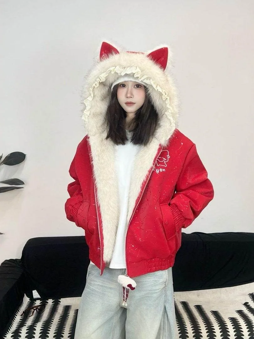 

Утепленная зимняя женская куртка из искусственной кожи с капюшоном, красная, на хлопковой подкладке, повседневная, универсальная, для всей семьи