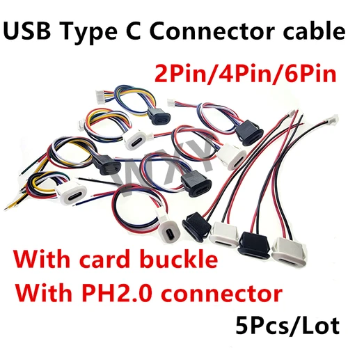 Conector USB tipo C de 2 pines, 4 pines, 6 pines, conector hembra con hebilla de tarjeta, 3A, puerto de carga de alta corriente, enchufe de cargador de USB-C