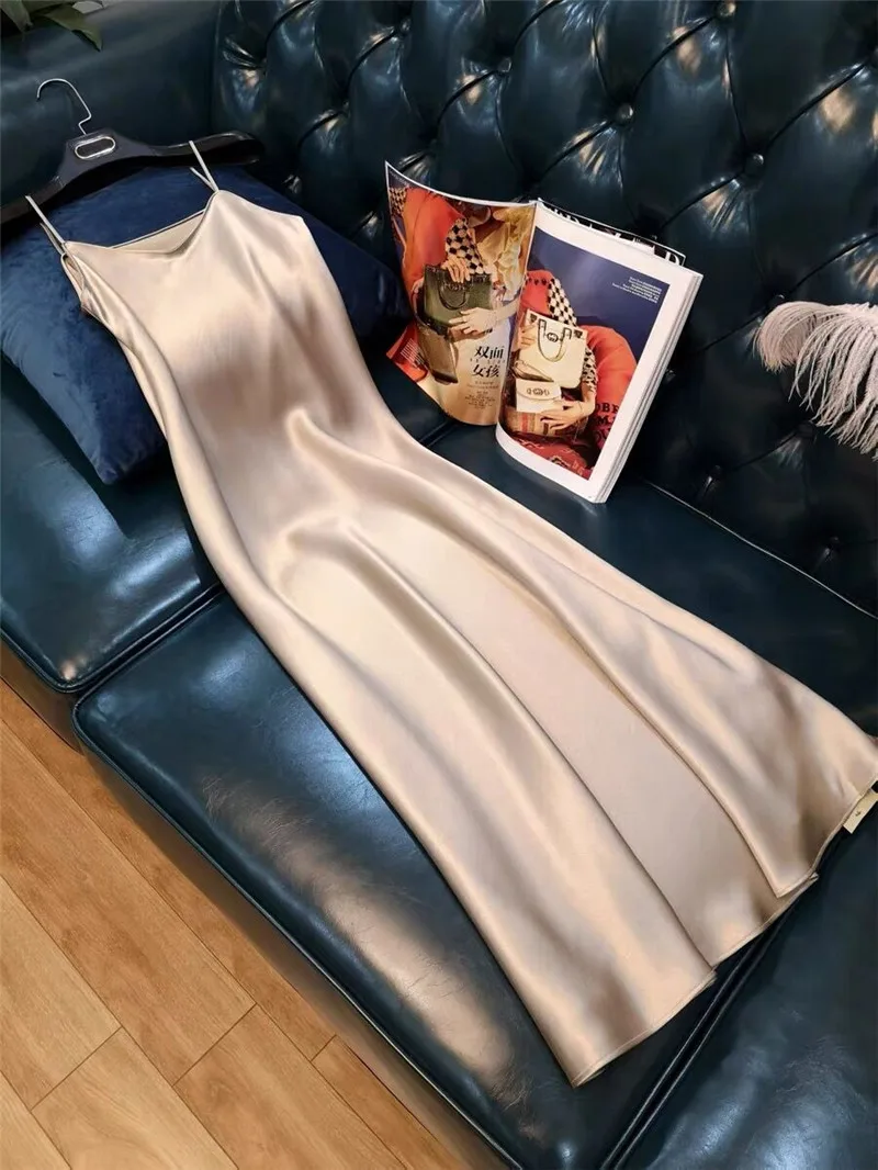 Women Slip Dress Satin Sleeveless V-Neck Solid Silk Elegant Vintage Lady 2026 Summer Female Long Spaghetti Strap Dresses Vestido