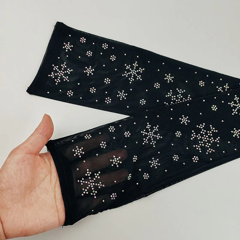 Sexy Black Lace Glove 55CM Long Thin Elastic Mesh Snowflake Shiny Rhinestone Halloween Makeup Party Costumes Accessories Cosplay