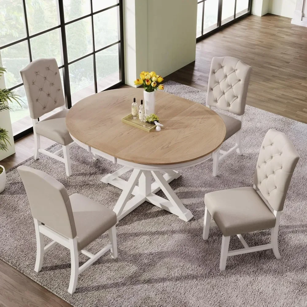 

Retro Style 5-Piece Round Dining Table Set for 4, Extendable Table with 4 Upholstered Chairs for Dining Room,Living Room